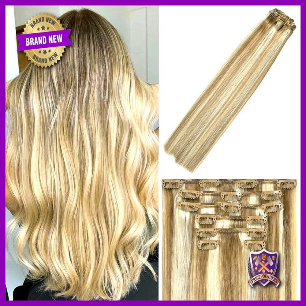 Real Human Hair Clip-In Extensions Straight Balayage Blonde Highlights 7PCS